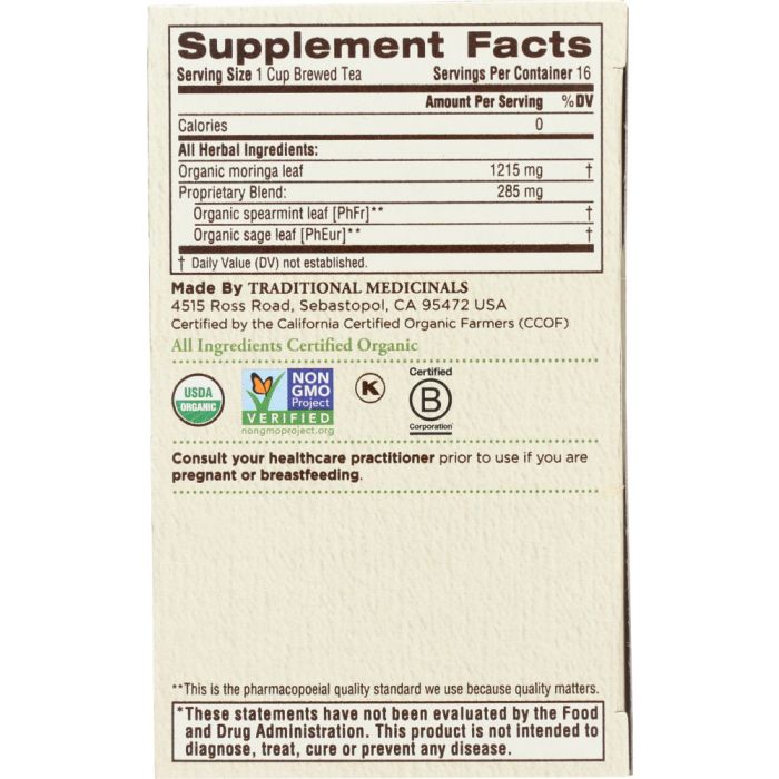 TRADITIONAL MEDICINALS: Tea Moringa With Spearmint Sage, 16 bg