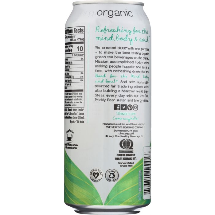 STEAZ: Organic Iced Green Tea Unsweetened with Lemon, 16 oz