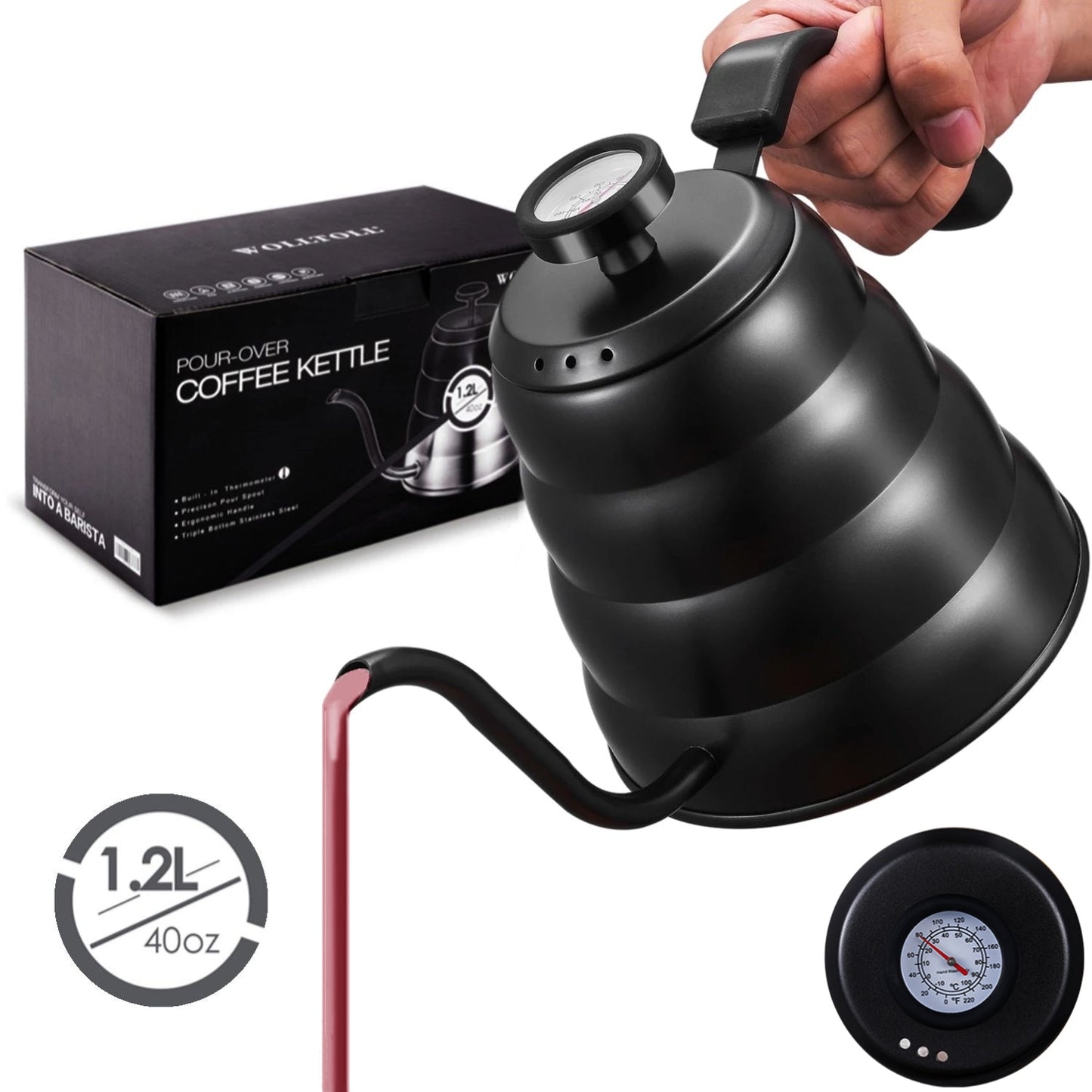 40oz/1.2L Stainless Steel Coffee Kettle with Thermometer, Gooseneck Thin Spout for Hand Drip Pour Over Coffee Tea Pot Teapot